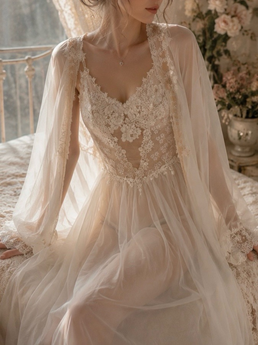 Vintage Ivory Sheer Lace Dress Gown Set Bridal Fairycore Coquette Romantic XS